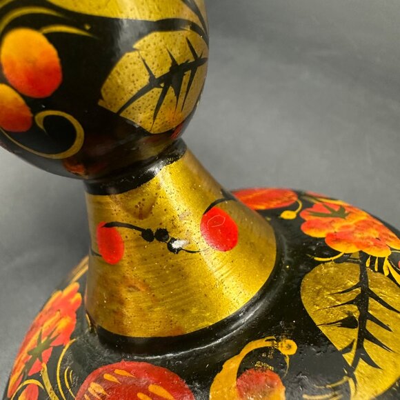 Vintage Khokhloma Candlesticks Hand Painted Russian Floral Fruit Folk Art Wooden - Picture 9 of 12
